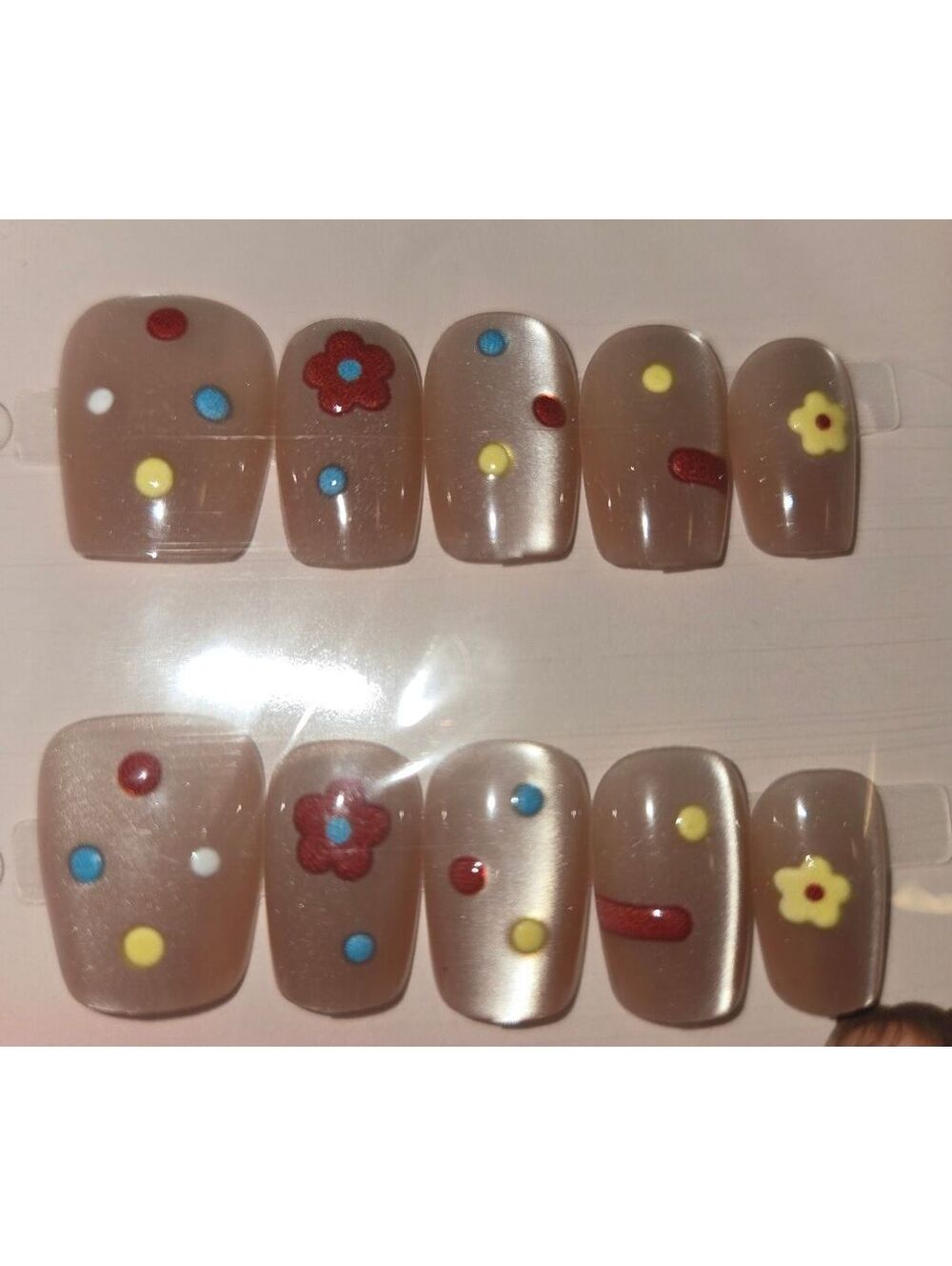 Cute skintone Press-On Nails with Colorful Polka Dot and Flower Design